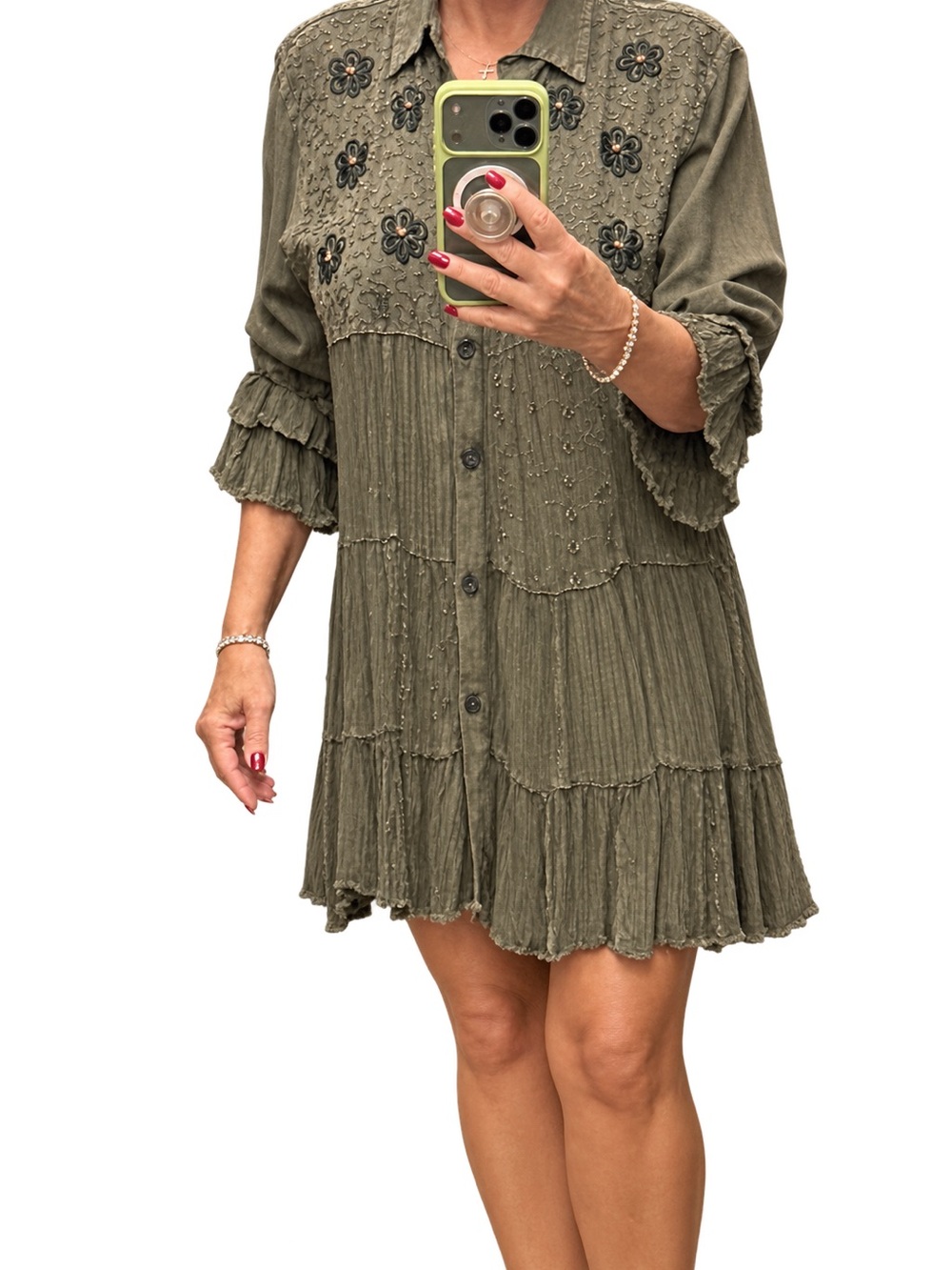Button-Front Tiered Mini Dress in Olive Green